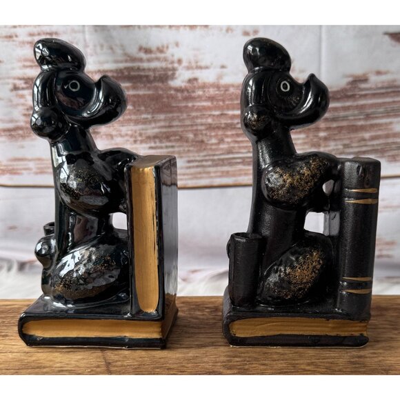 Vintage Pair of Black Ceramic Poodle Bookends With Gold Detailing MCM - Picture 5 of 10